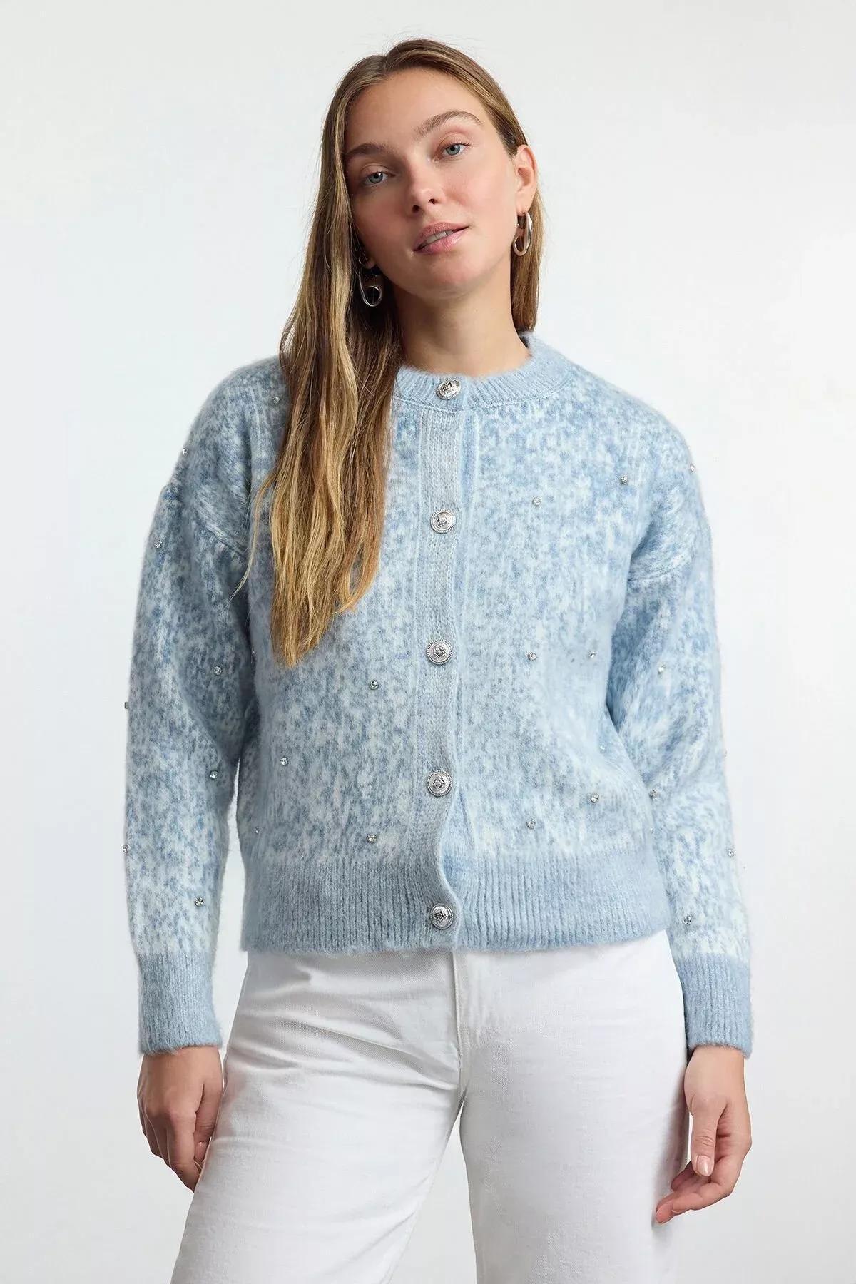 Blue Patterned Knitwear Cardigan, , large image number 0