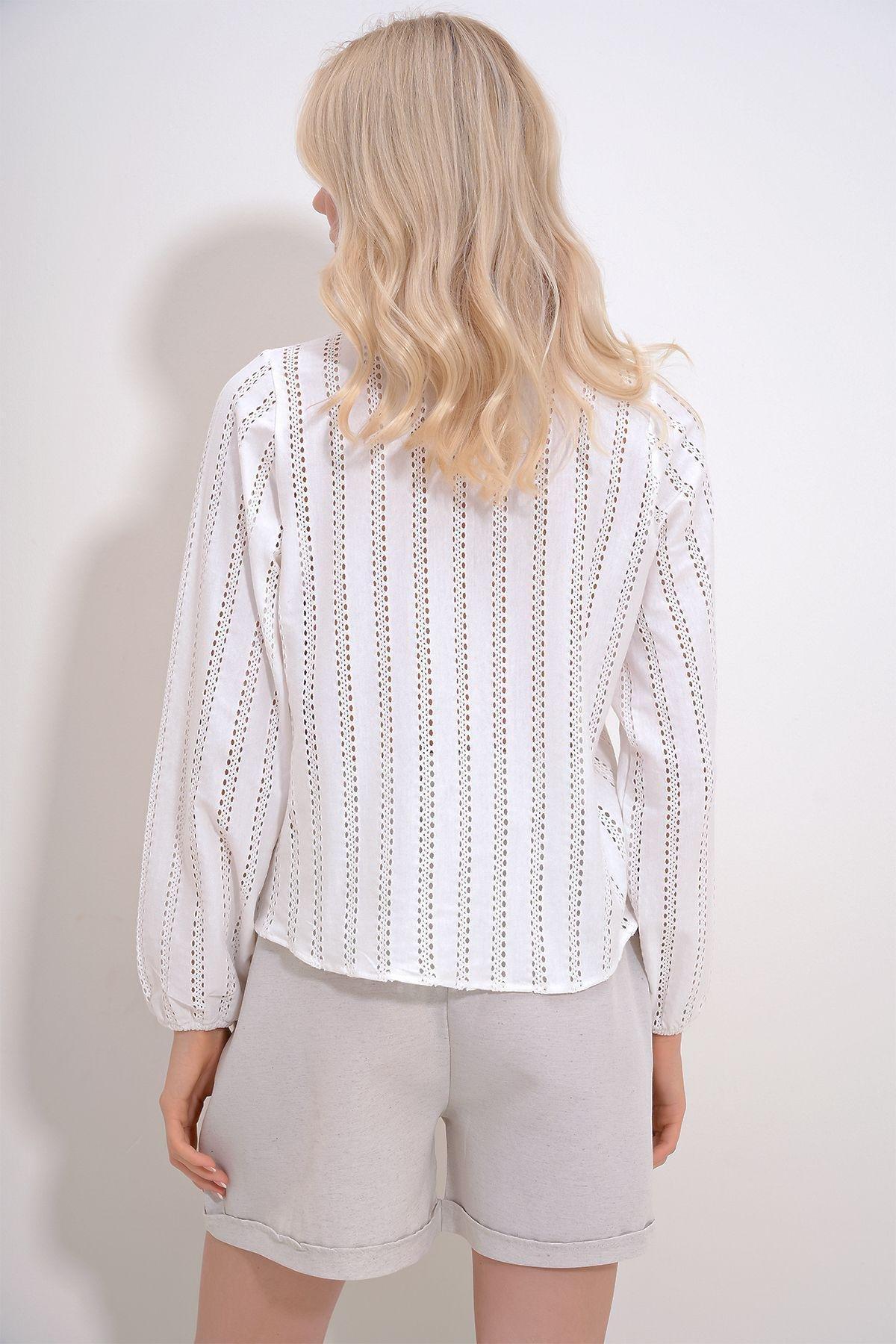 White Open-Work Button Down Blouse, White, large image number 3