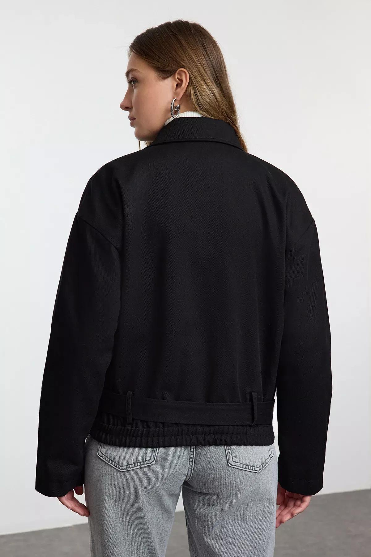 Black Oversize Belted Coat, BLACK, large image number 4