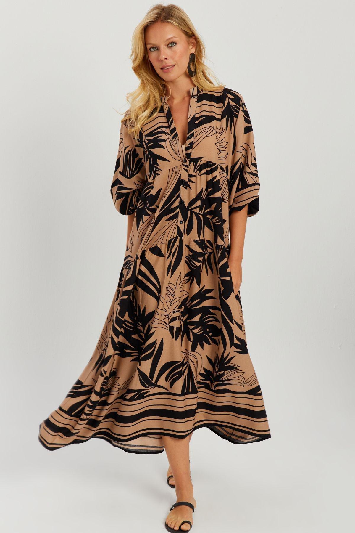 Camel Tropical Shirt Dress GC166, Camel-Black, large image number 0