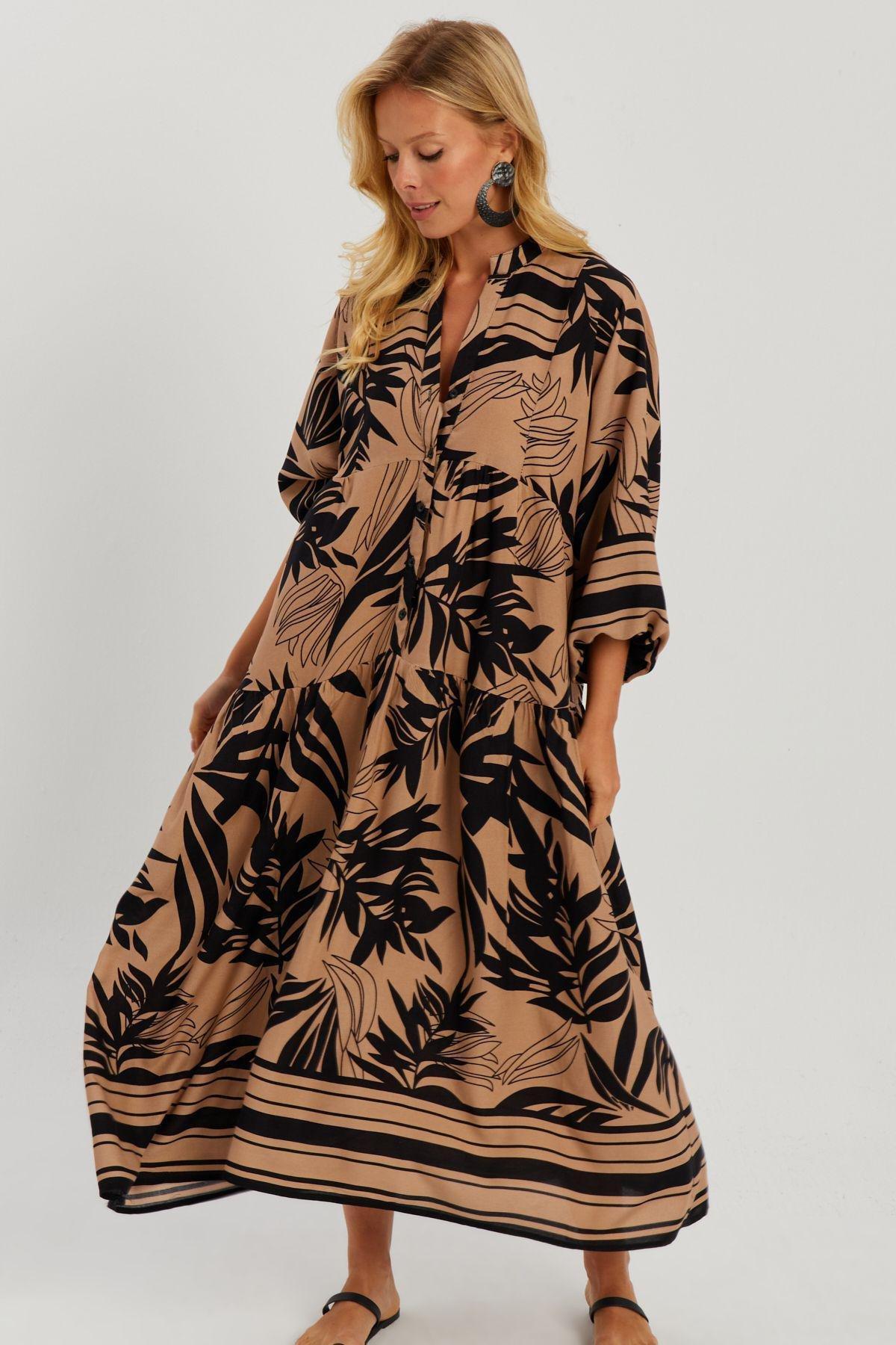 Camel Tropical Shirt Dress GC166, Camel-Black, large image number 1
