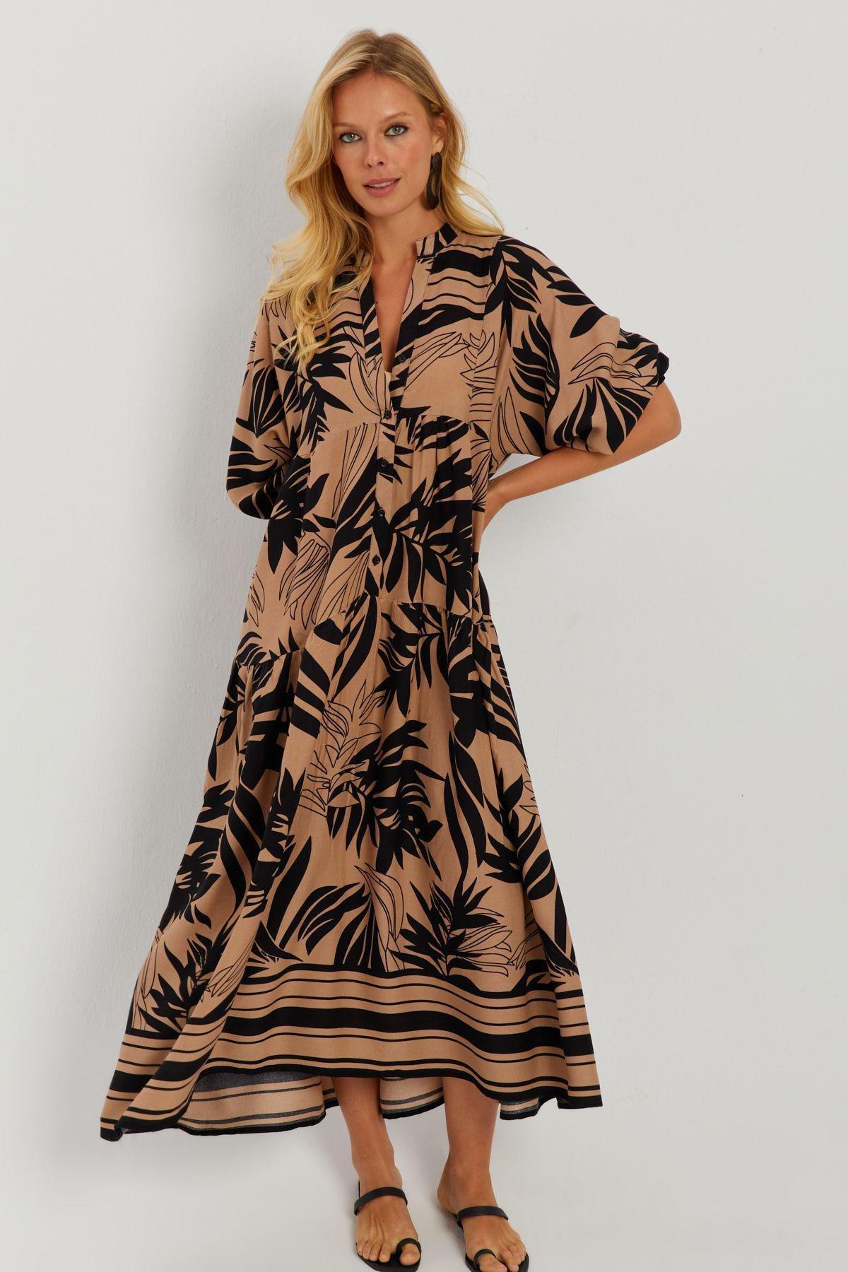Camel Tropical Shirt Dress GC166, Camel-Black, large image number 2