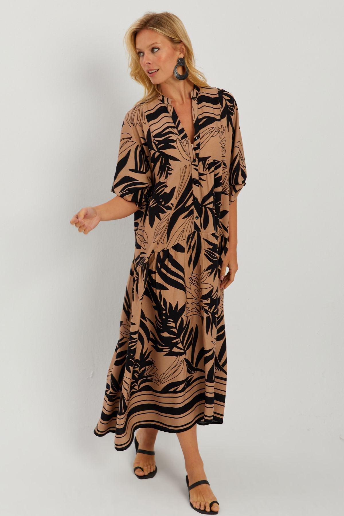 Camel Tropical Shirt Dress GC166, Camel-Black, large image number 3