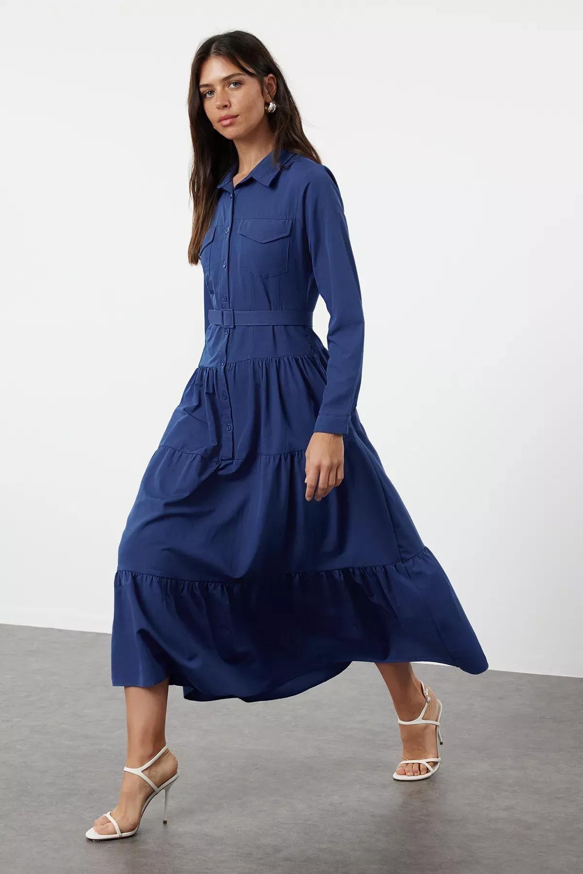 Blue Plain Shirt Maxi Dress, , large image number 0