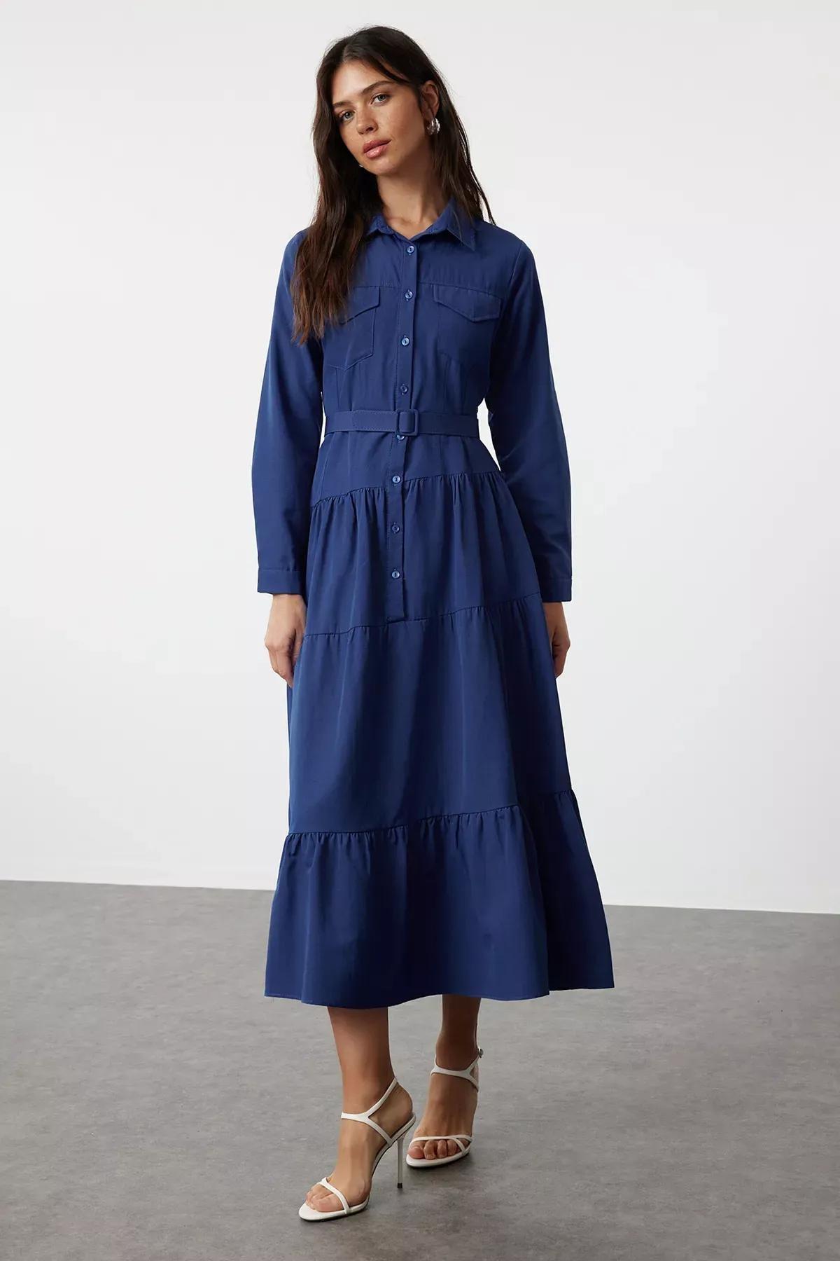 Blue Plain Shirt Maxi Dress, , large image number 1