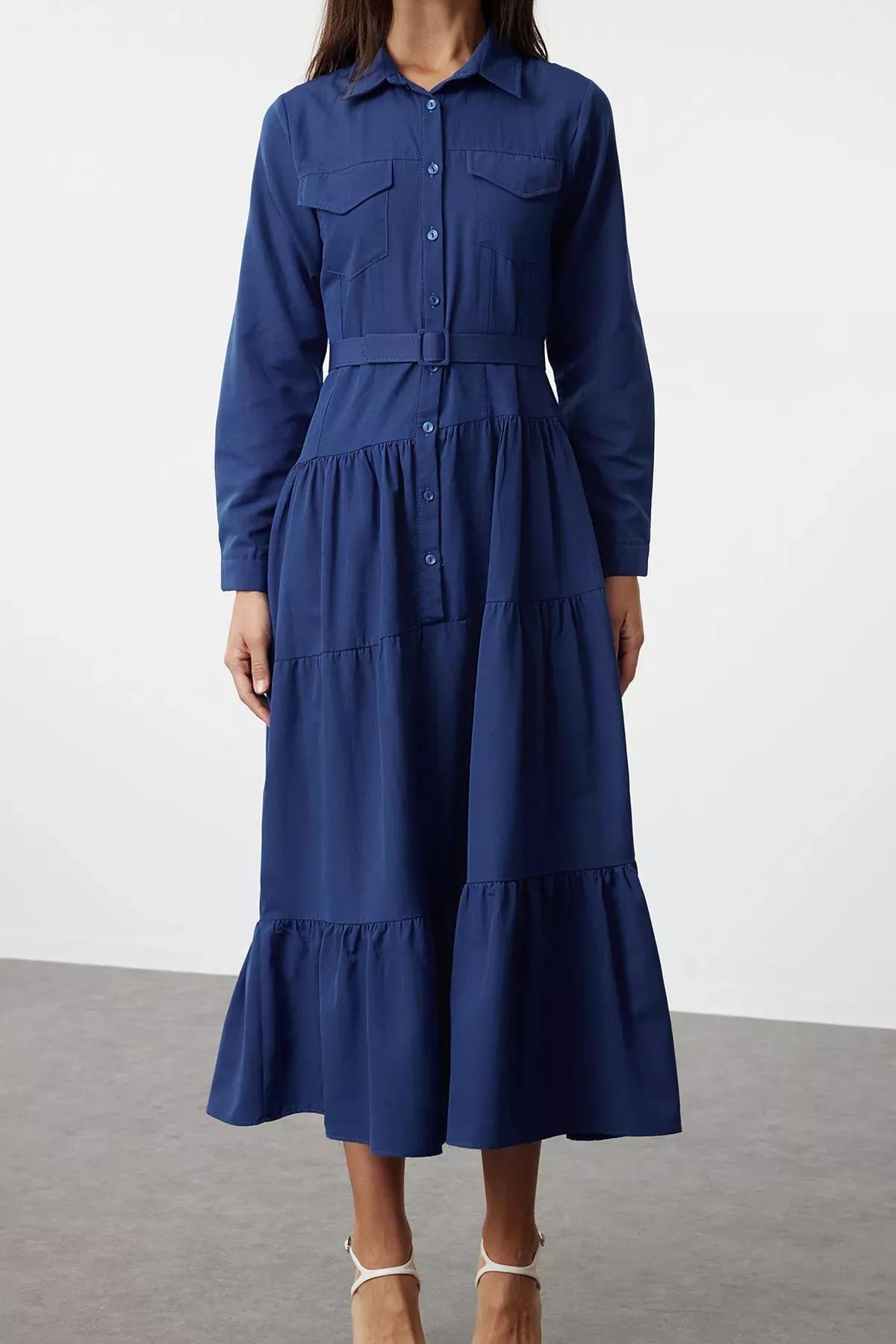 Blue Plain Shirt Maxi Dress, , large image number 2