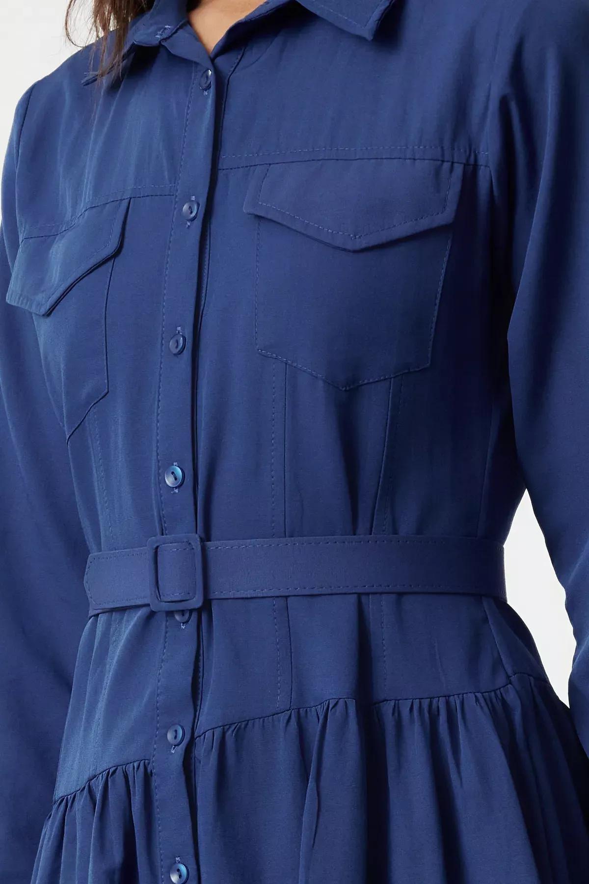 Blue Plain Shirt Maxi Dress, , large image number 3