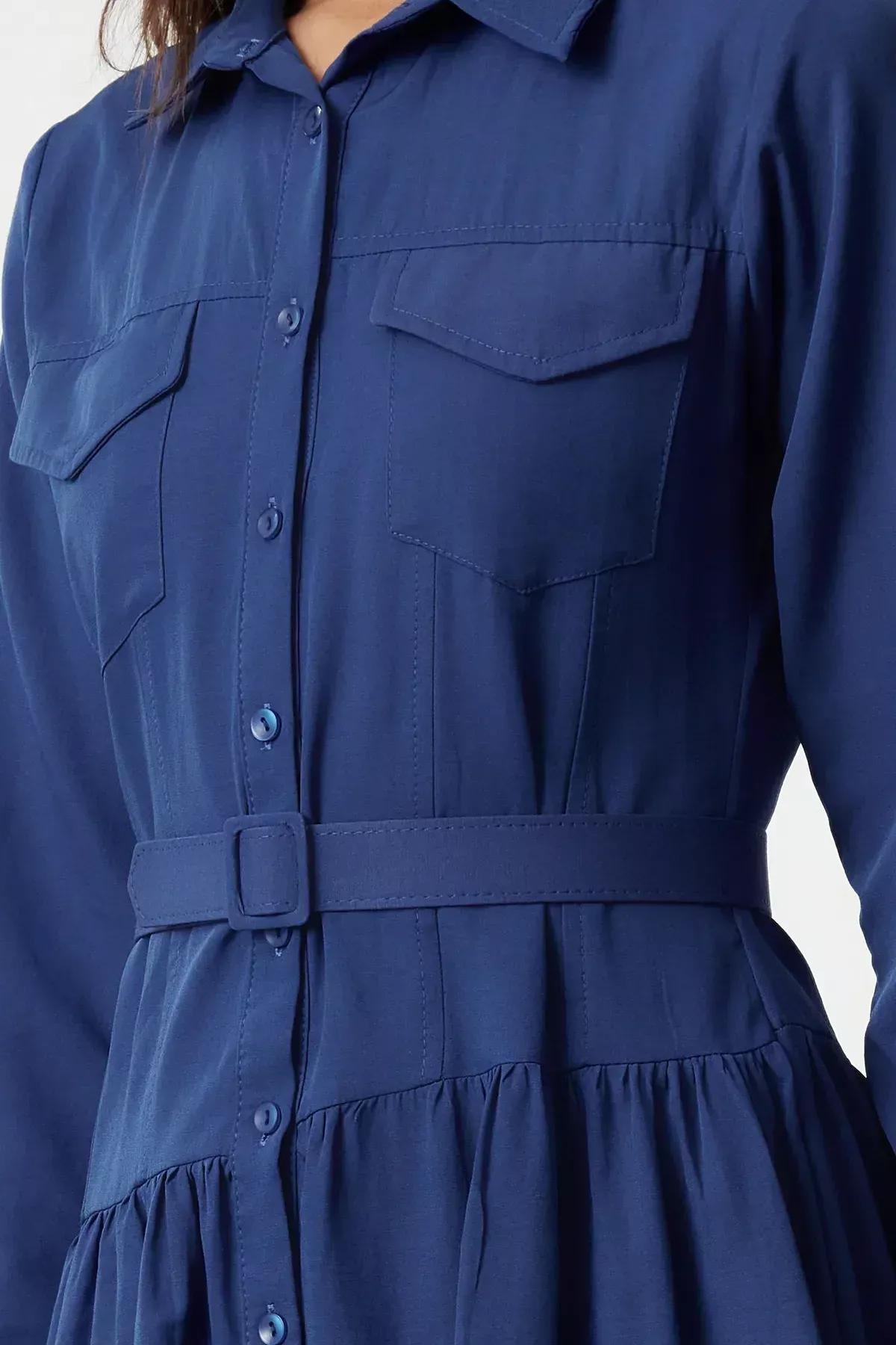 Blue Plain Shirt Maxi Dress, Blue, large image number 3