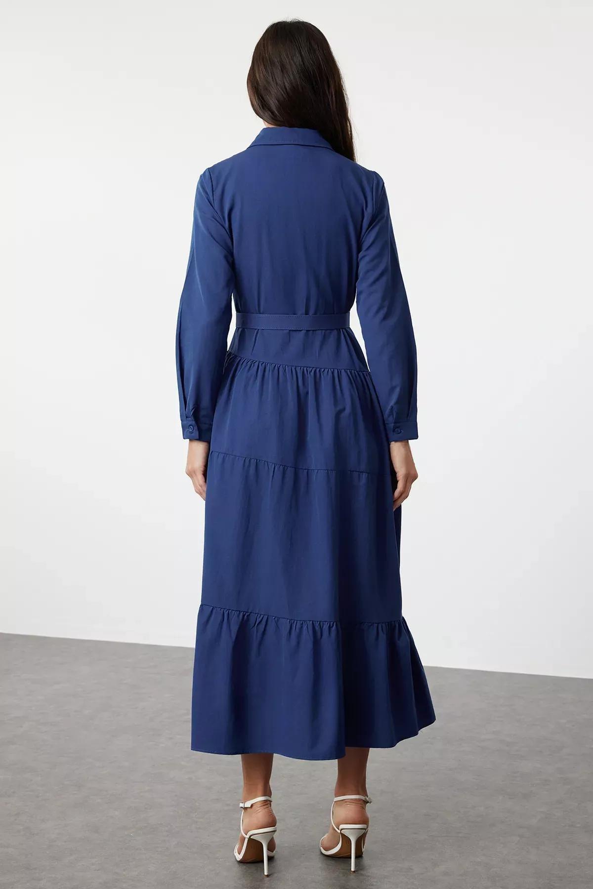 Blue Plain Shirt Maxi Dress, , large image number 4