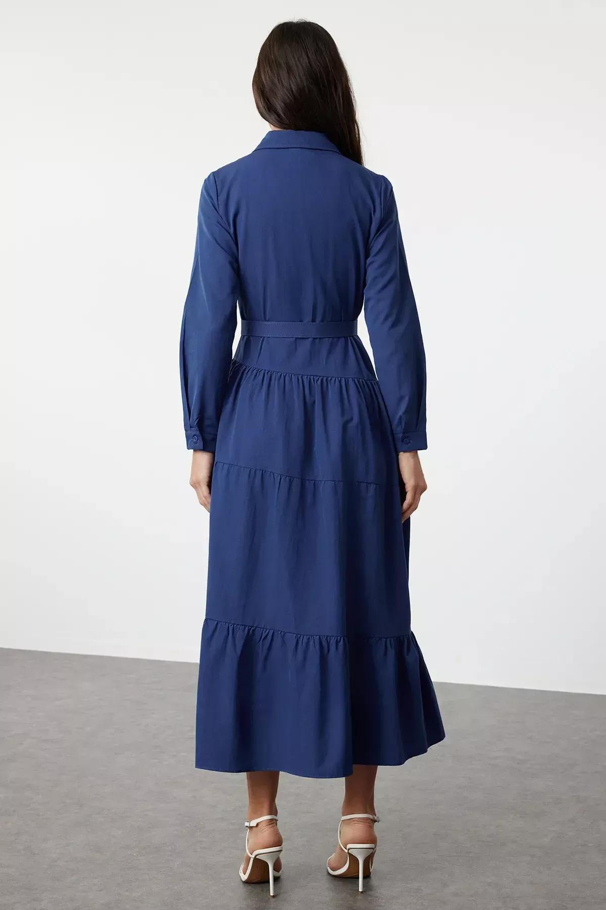 Blue Plain Shirt Maxi Dress, Blue, large image number 4