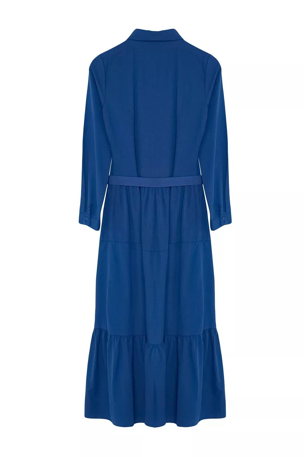 Blue Plain Shirt Maxi Dress, , large image number 5