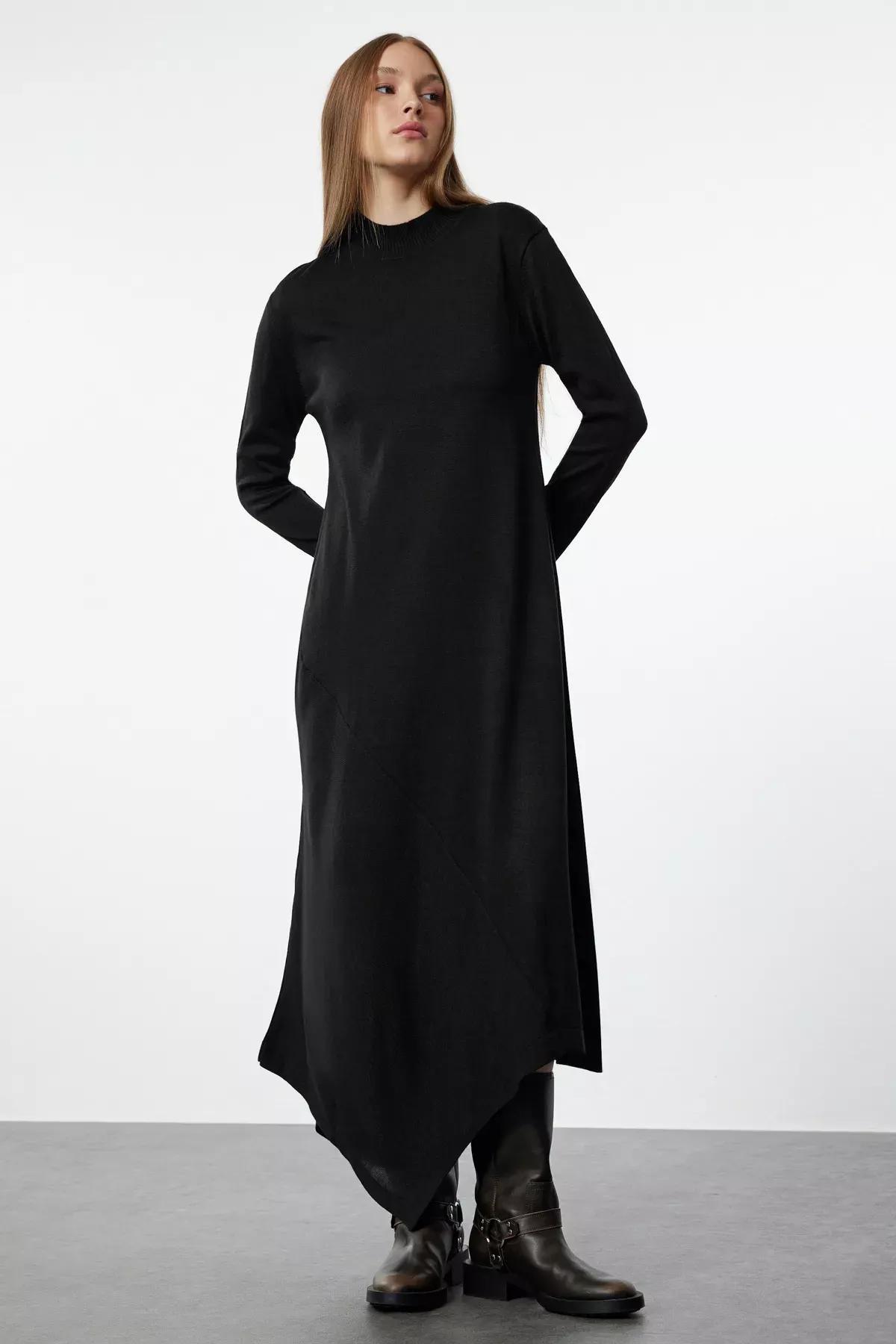 Black Plain Sweater Maxi Dress, BLACK, medium