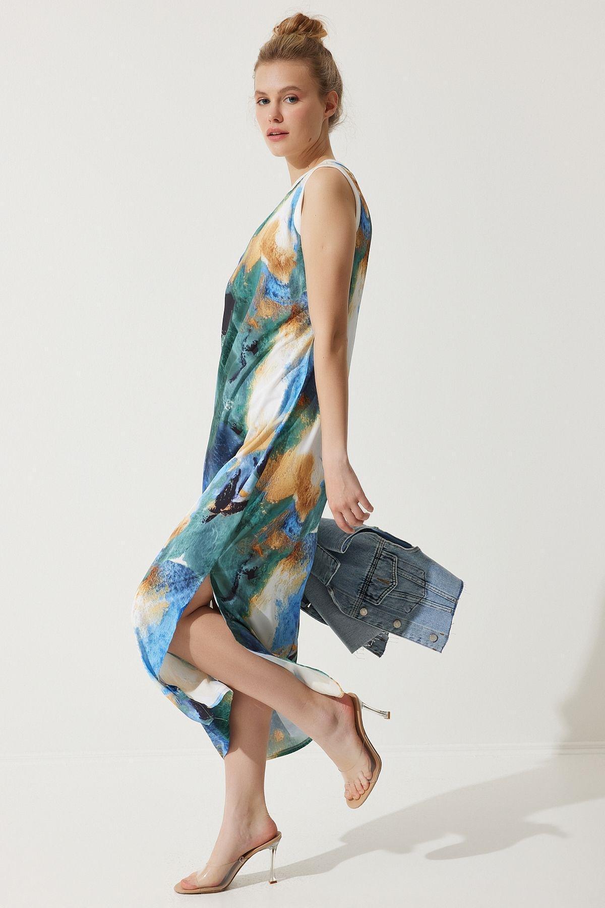 Blue Gradient Patterned Sleeveless Dress, , large image number 0