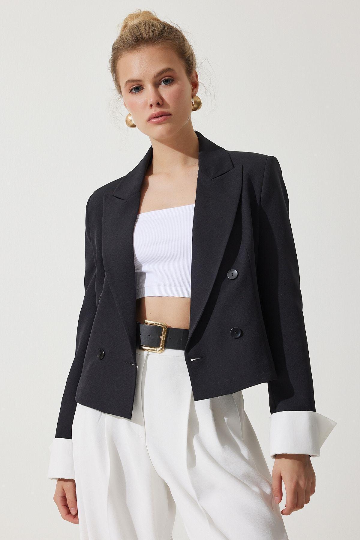 Black Cuffed Blazer Jacket, BLACK, large image number 0