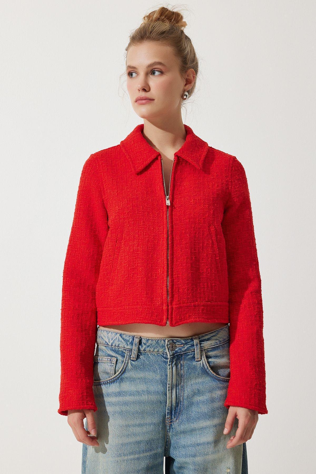 Womens Red Zippered Shirt Collar Tweed Jacket WF00069, single, , large image number 0