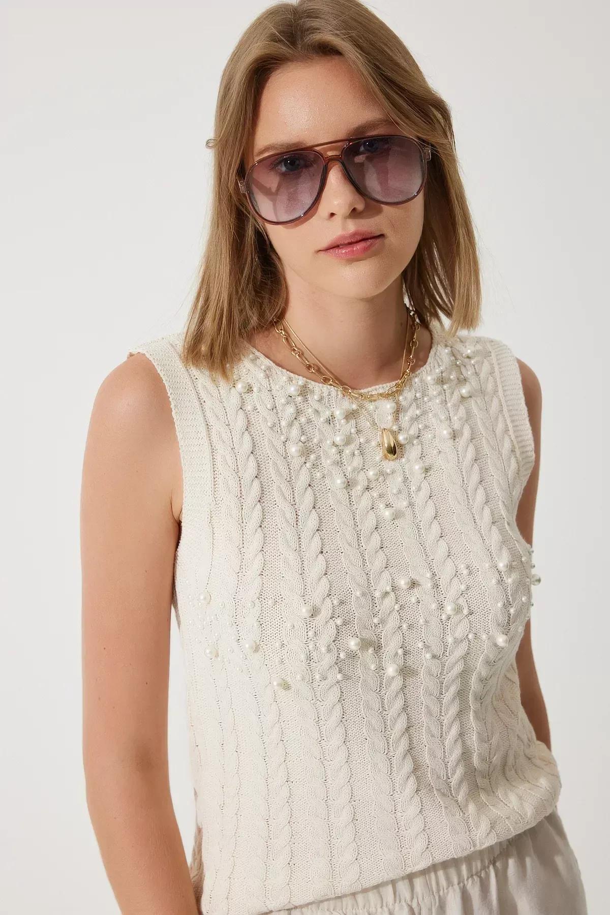 Cream Pearl Textured Knit Sweater, Cream, large image number 0