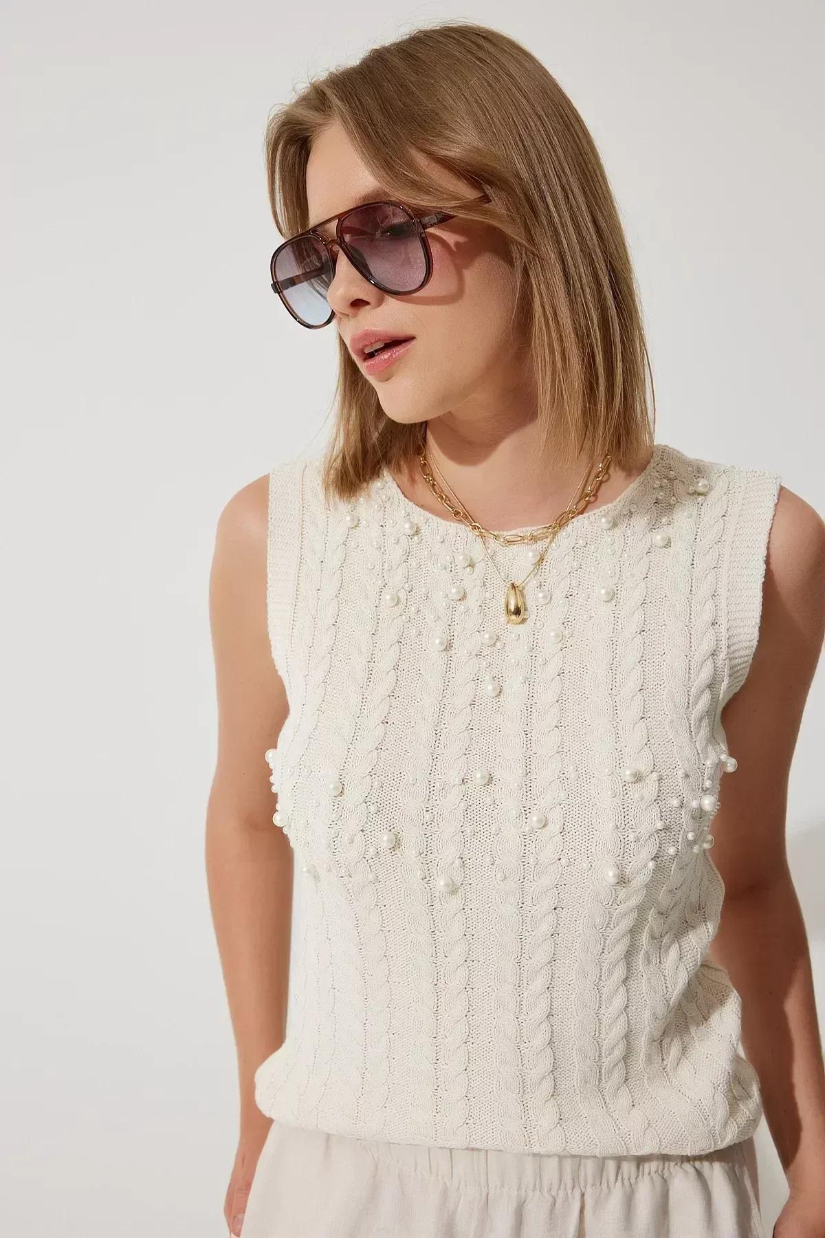 Cream Pearl Textured Knit Sweater, Cream, large image number 2