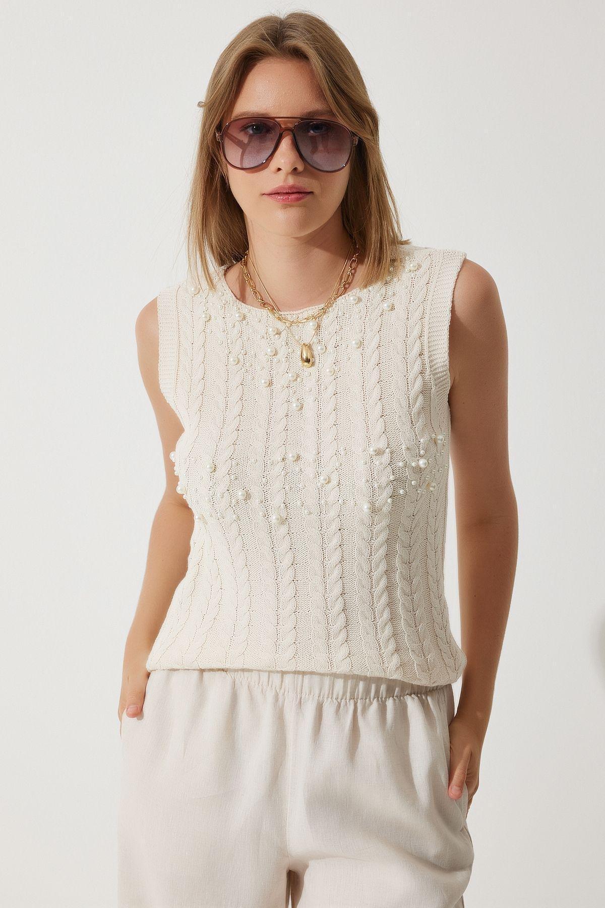 Cream Pearl Textured Knit Sweater, Cream, large image number 3