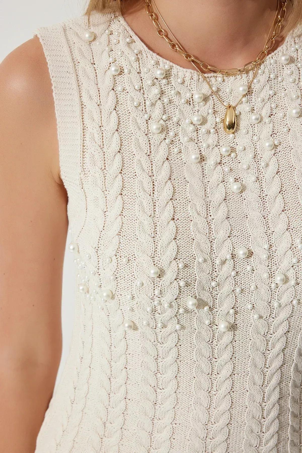 Cream Pearl Textured Knit Sweater, Cream, large image number 5