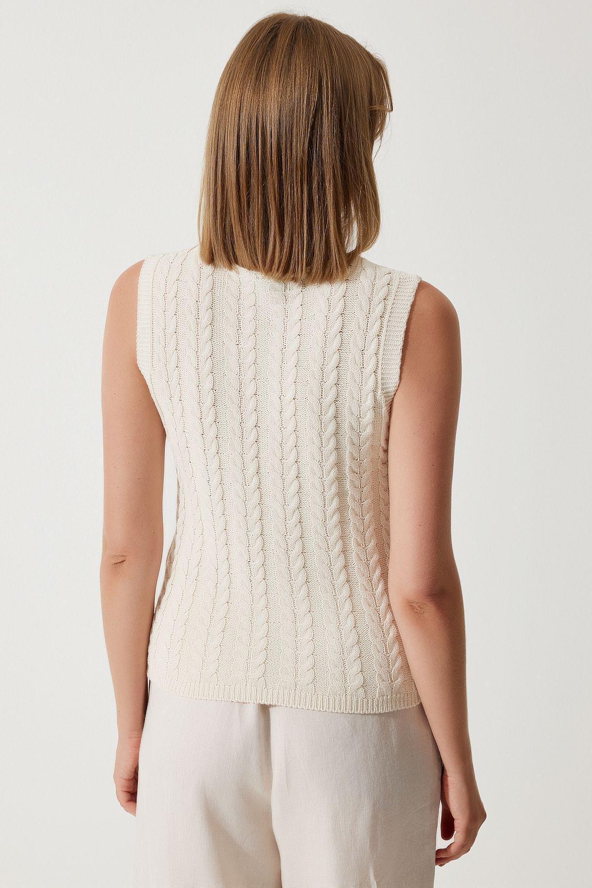 Cream Pearl Textured Knit Sweater, Cream, large image number 6
