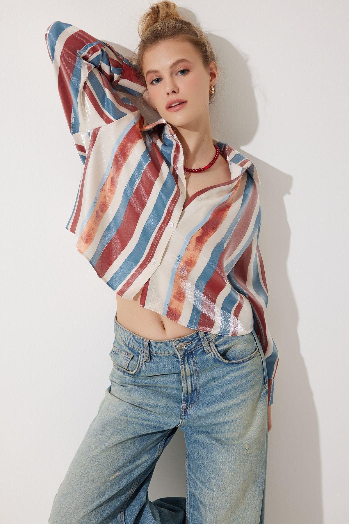 Multicolour Patterned Satin Surface Short Shirt, , large image number 0