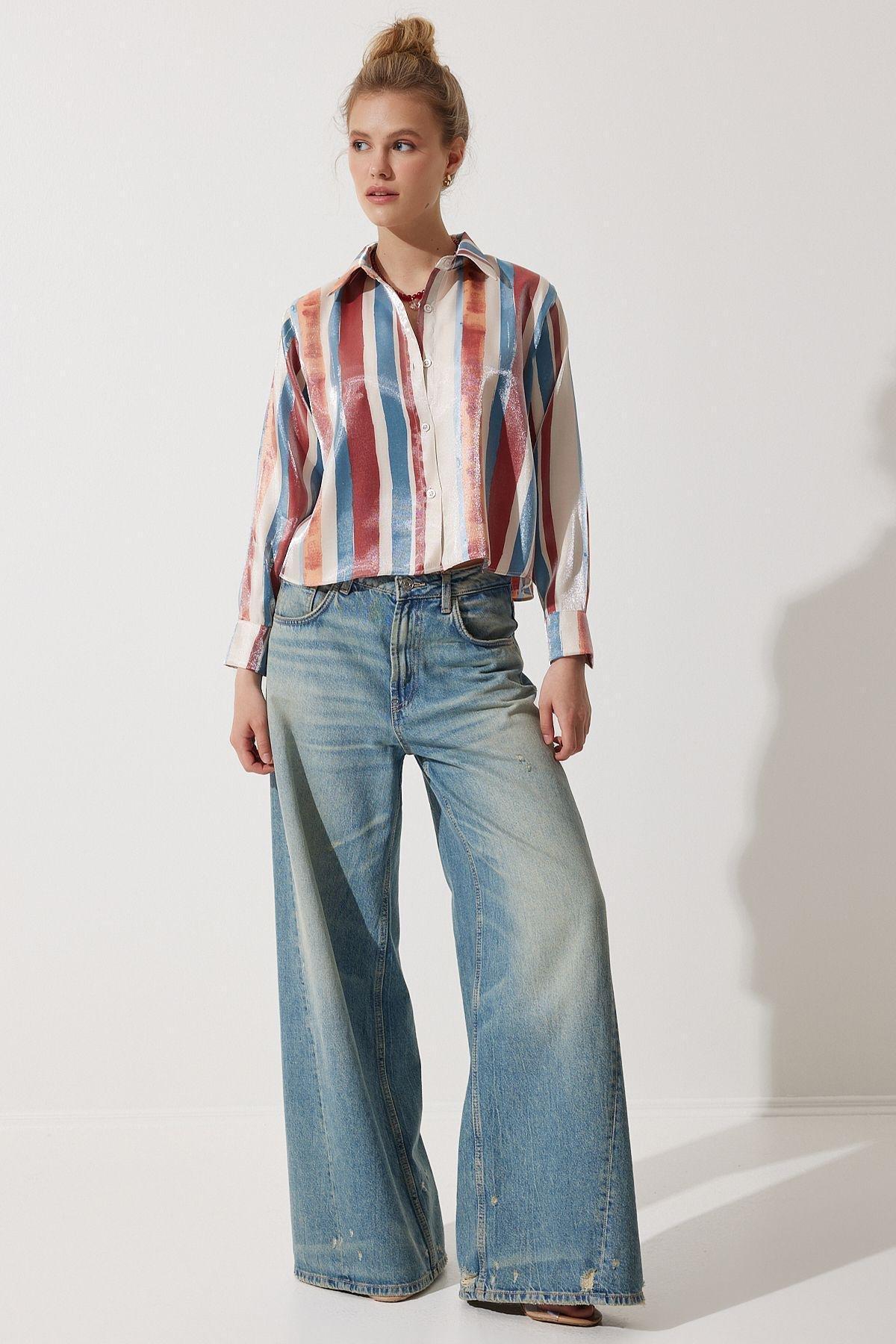 Multicolour Patterned Satin Surface Short Shirt, , large image number 1