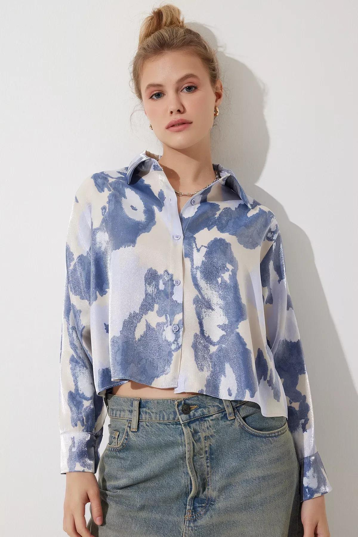 Blue Patterned Satin Short Shirt, , large image number 0