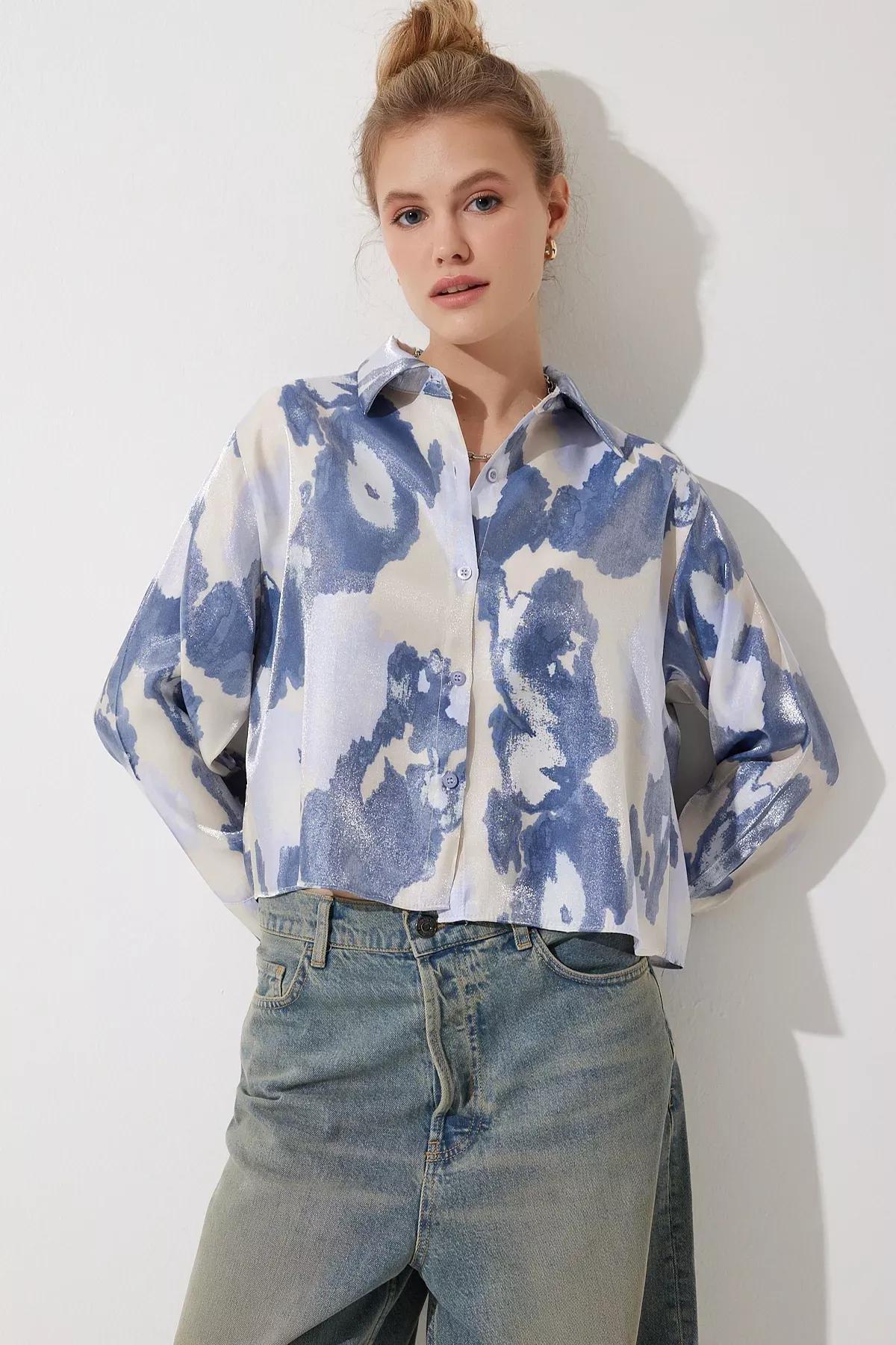 Blue Patterned Satin Short Shirt, , large image number 1