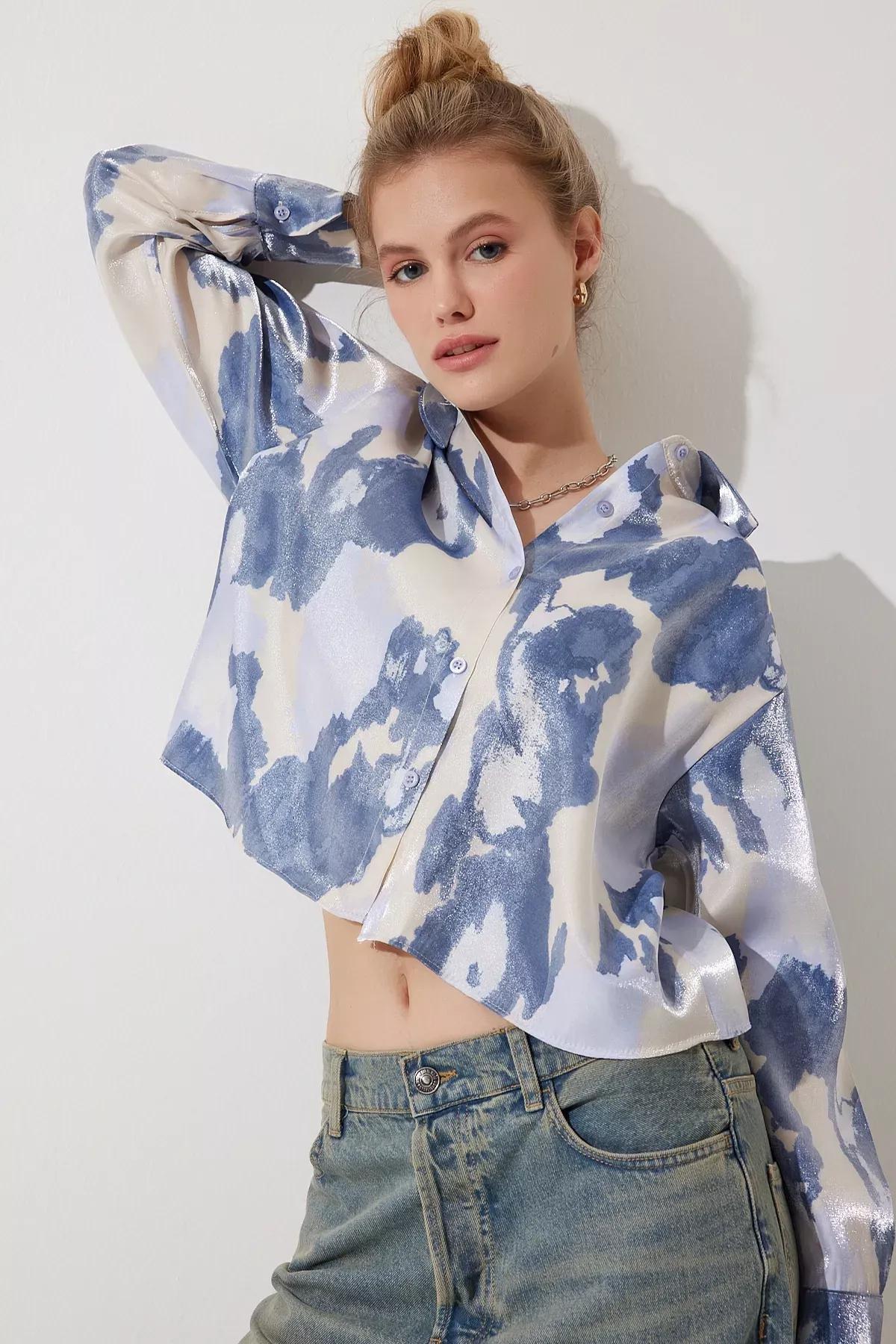 Blue Patterned Satin Short Shirt, , large image number 2
