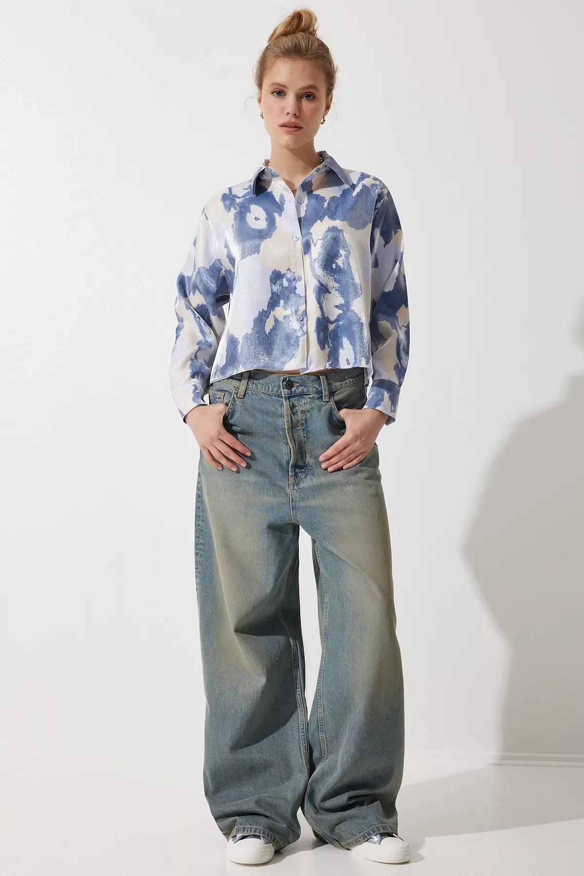 Blue Patterned Satin Short Shirt, , large image number 3