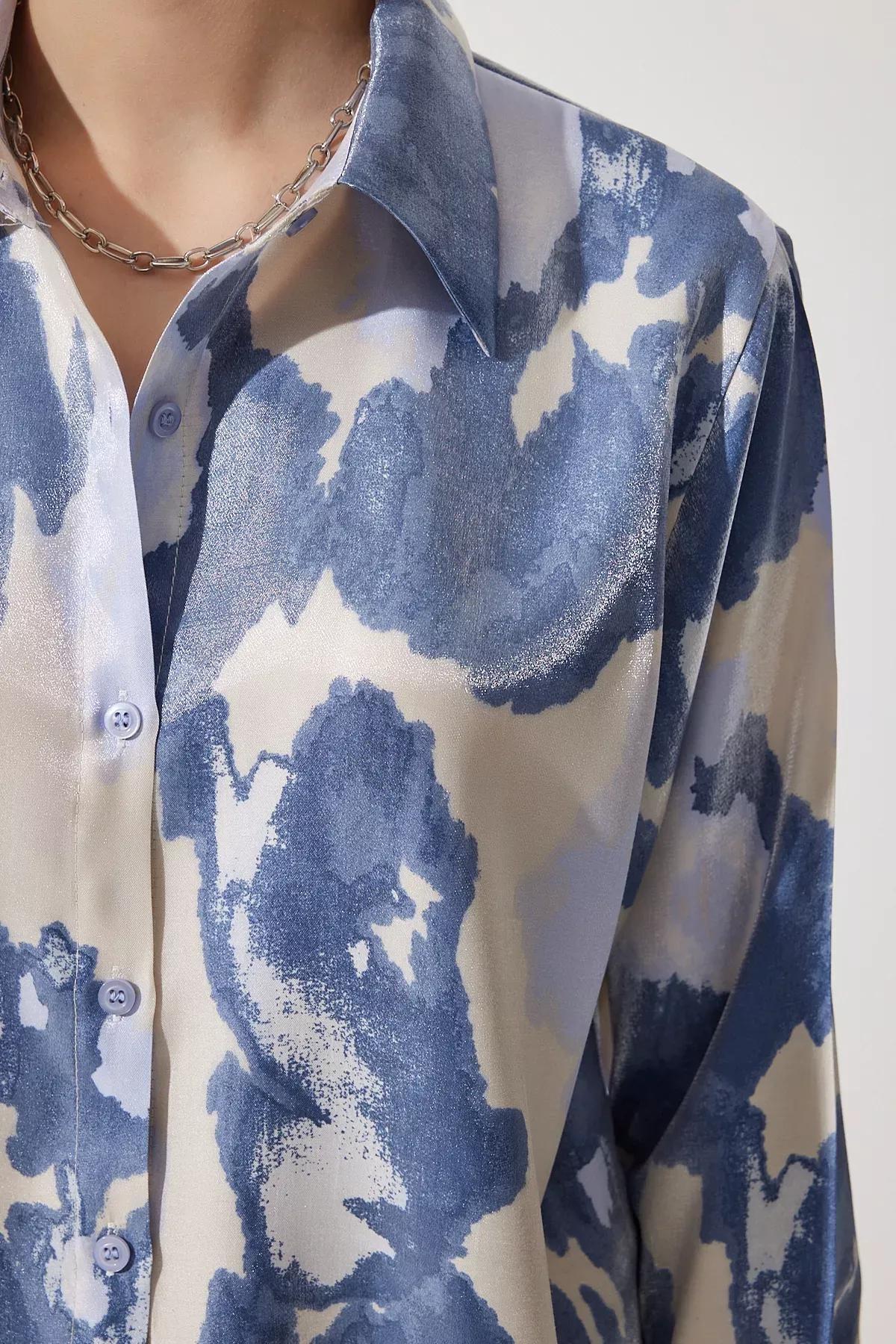 Blue Patterned Satin Short Shirt, , large image number 4