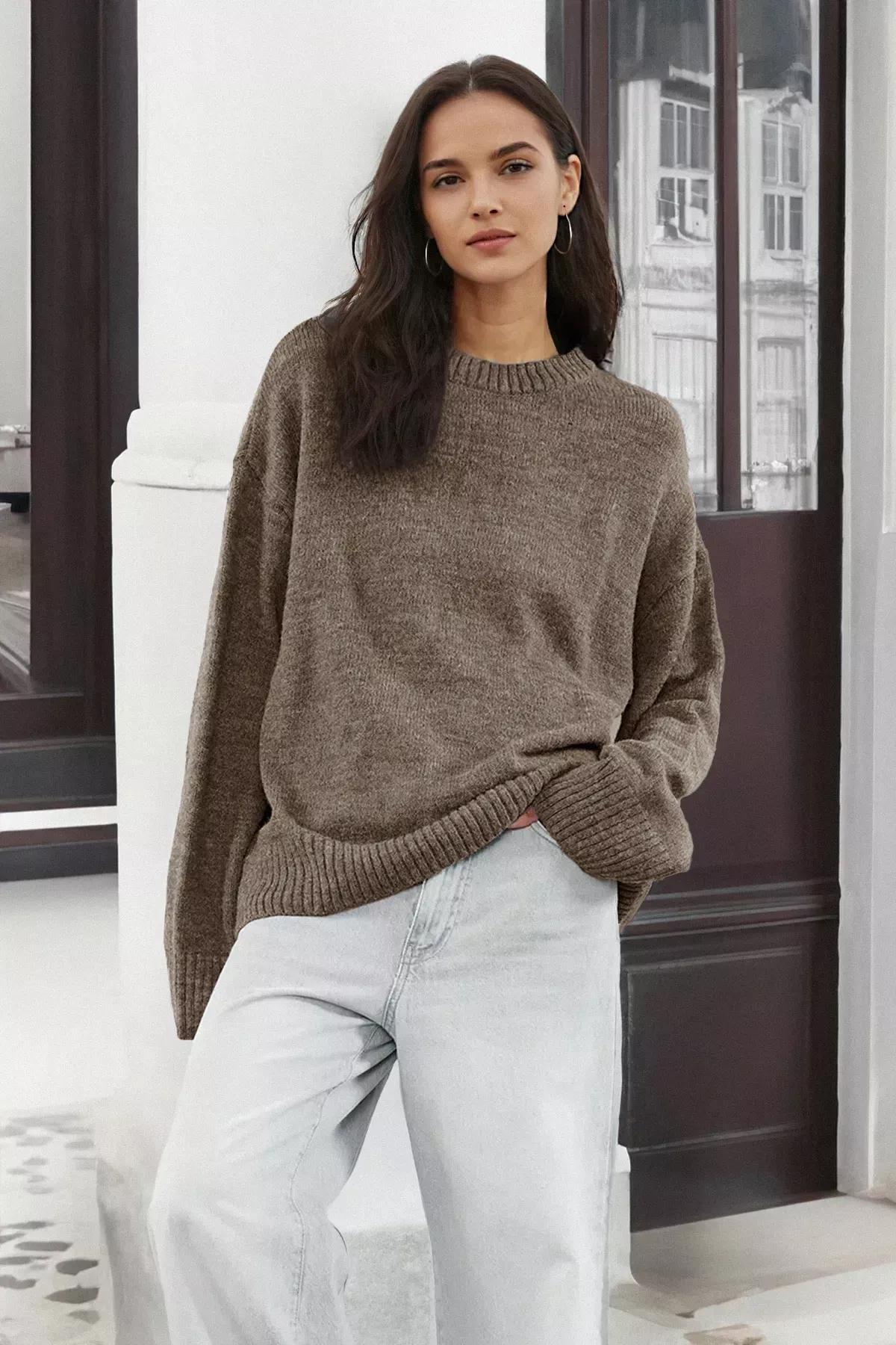 Brown Patterned Crew Neck Sweater, Mink, large image number 0