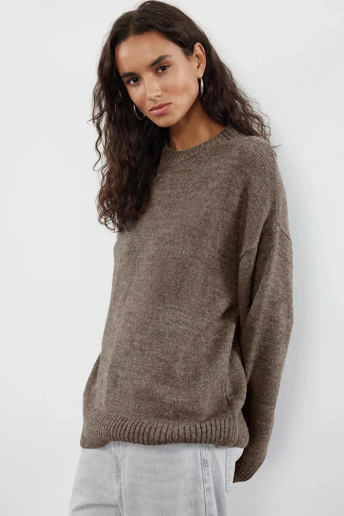 Brown Patterned Crew Neck Sweater, Mink, medium