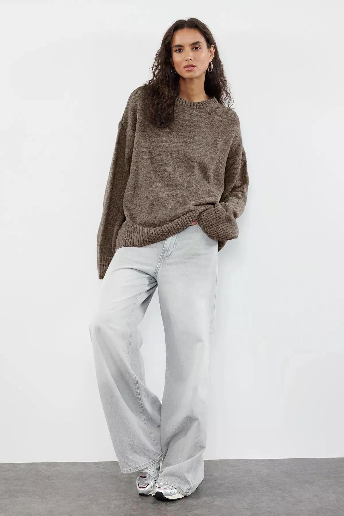 Brown Patterned Crew Neck Sweater, Mink, large image number 2