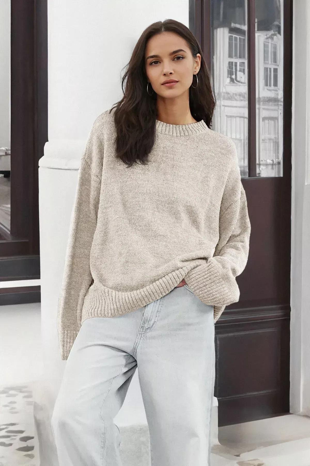 Brown Pattern Crew Neck Sweater, STONE, large image number 0