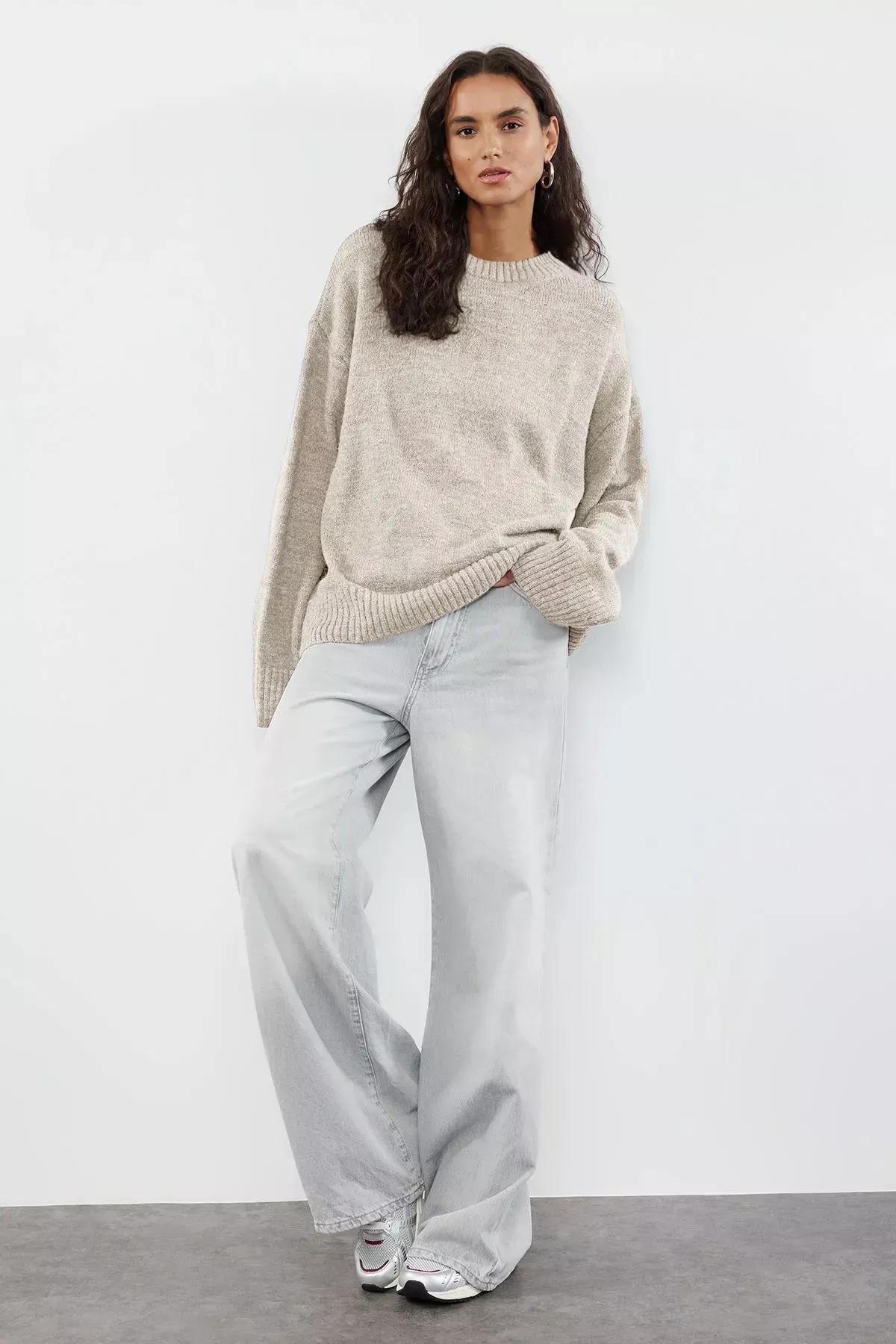 Brown Pattern Crew Neck Sweater, STONE, large image number 1