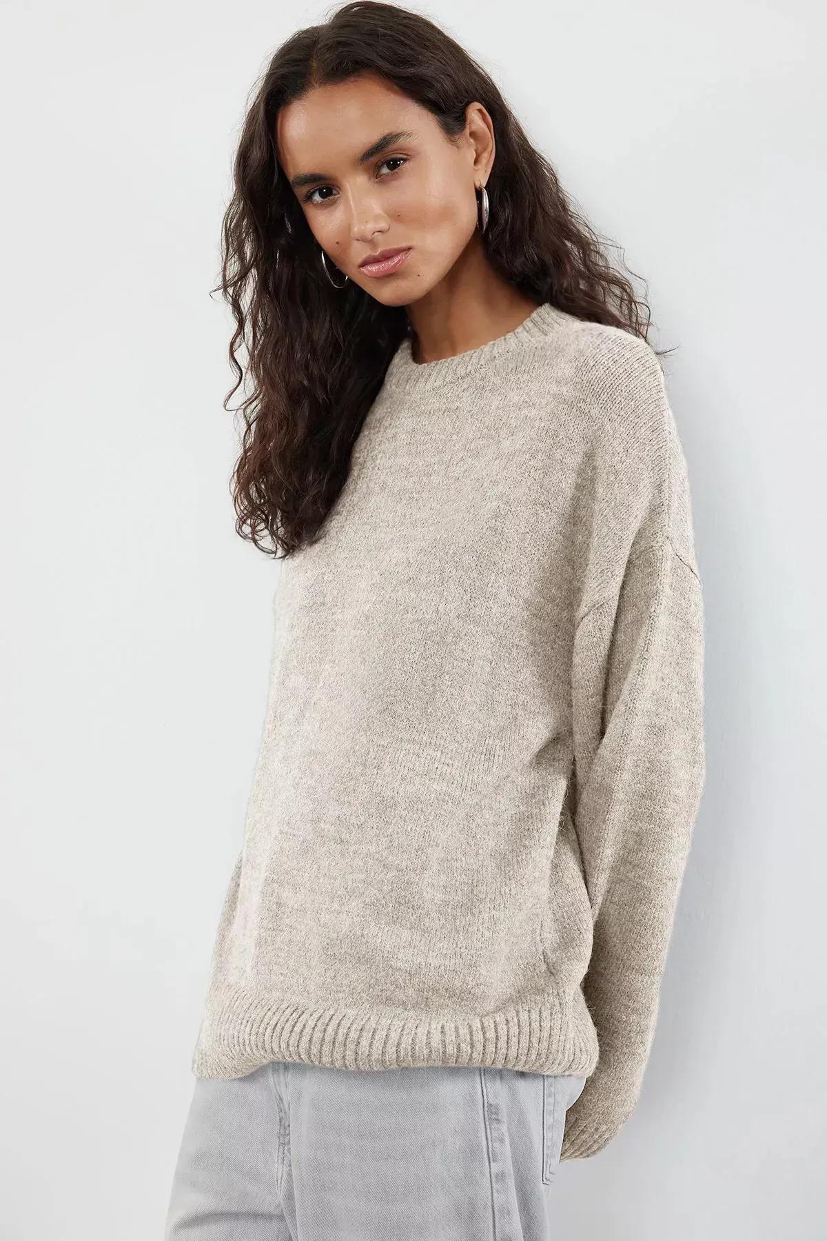 Brown Pattern Crew Neck Sweater, STONE, large image number 2