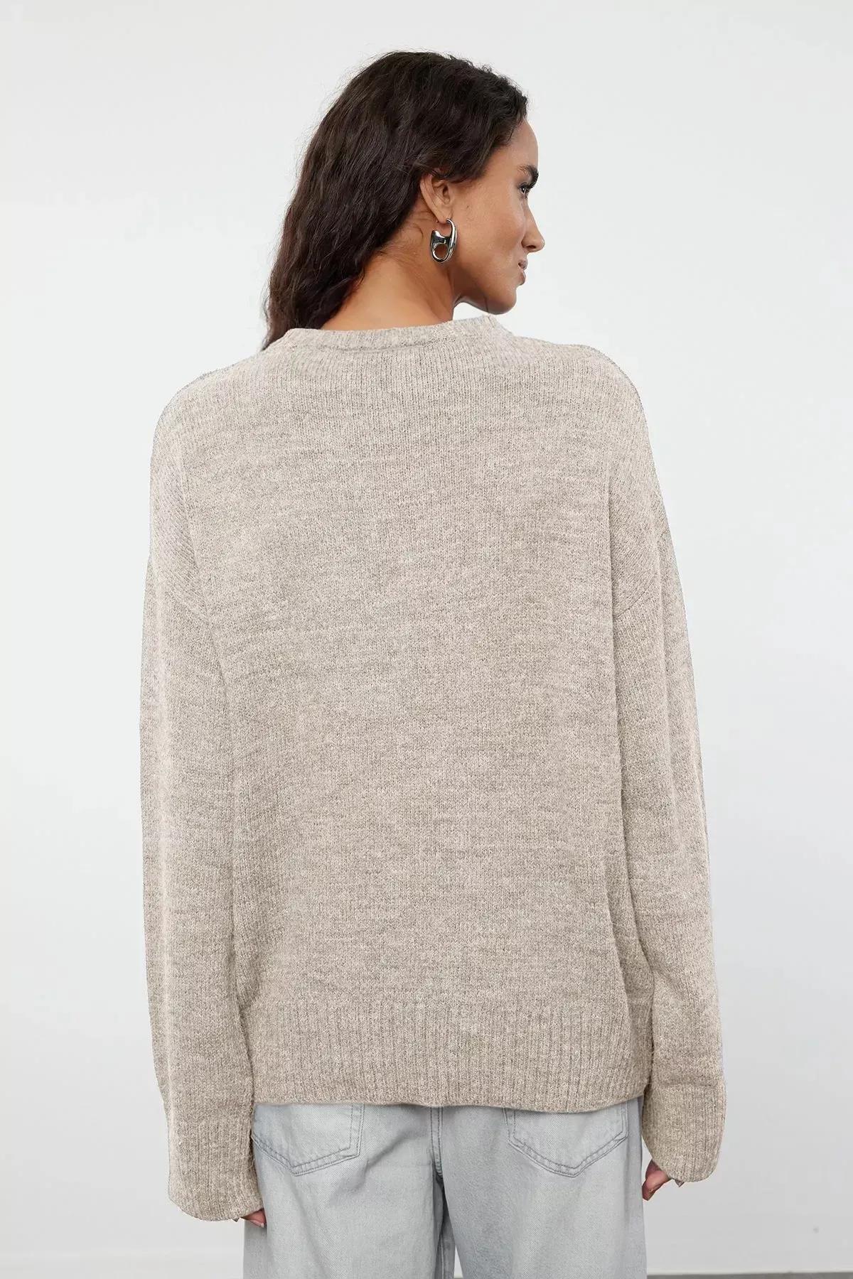 Brown Pattern Crew Neck Sweater, STONE, large image number 4