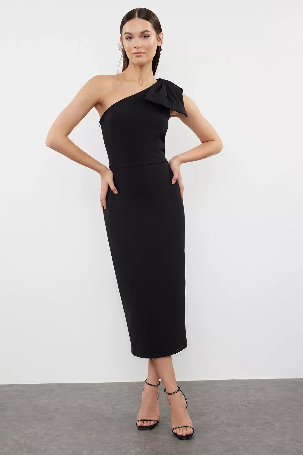 Black One-Shoulder Bow Occasionwear Dress, BLACK, medium