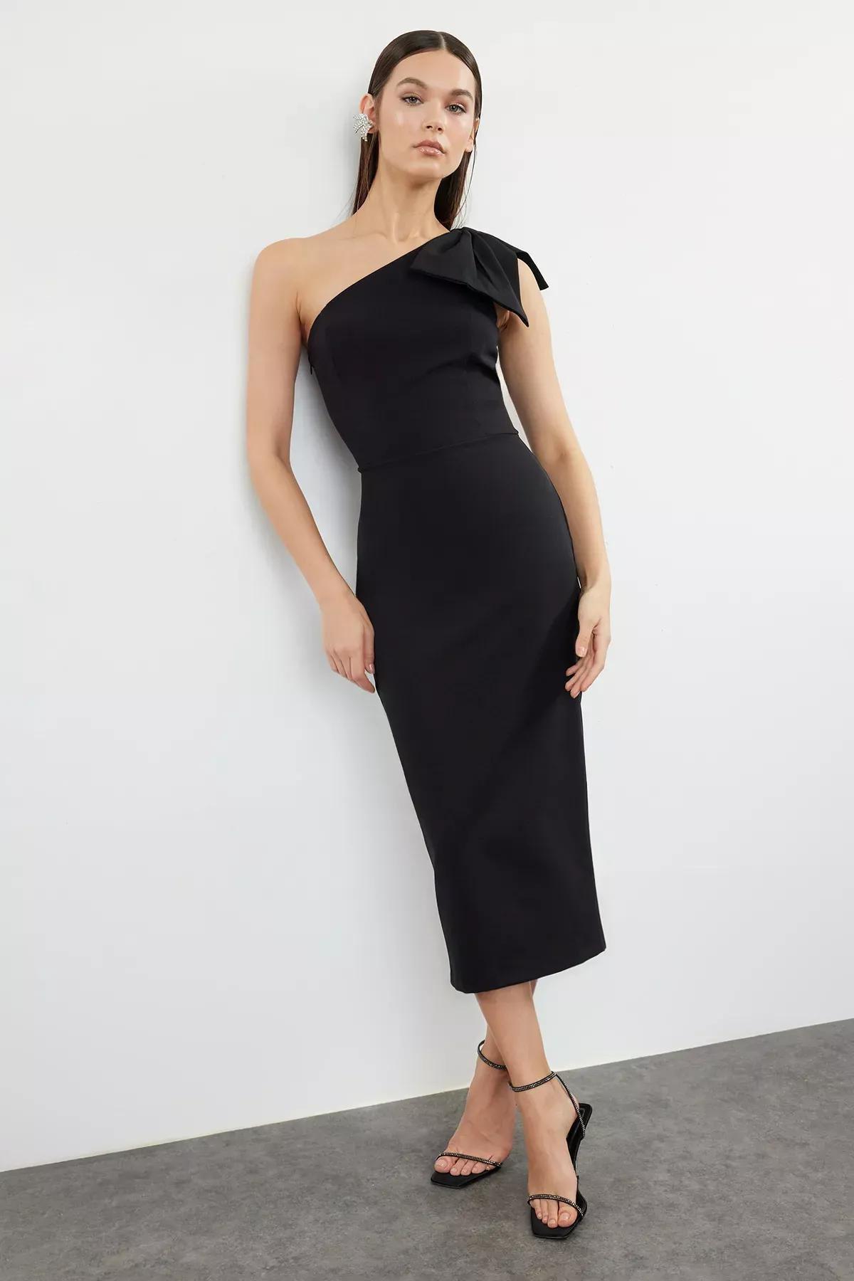 Black One-Shoulder Bow Occasionwear Dress, BLACK, large image number 1