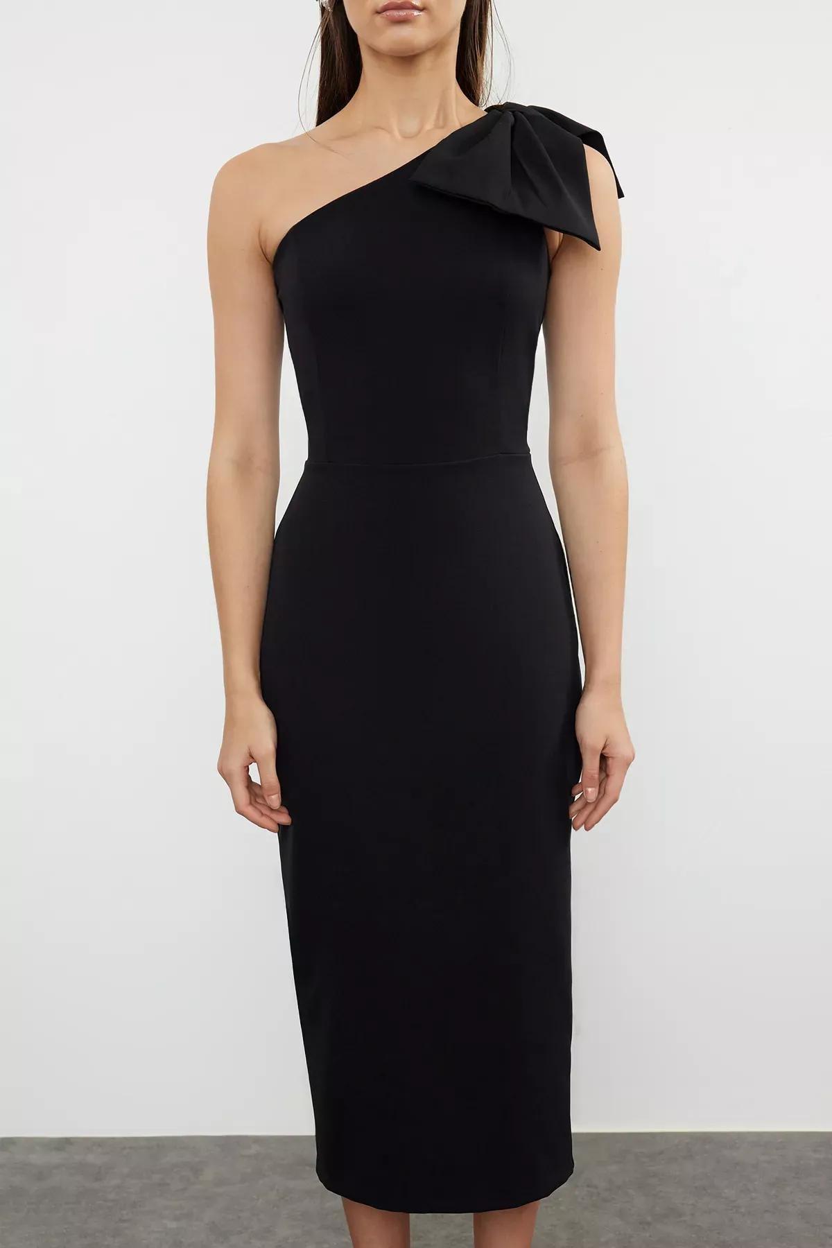 Black One-Shoulder Bow Occasionwear Dress, BLACK, medium