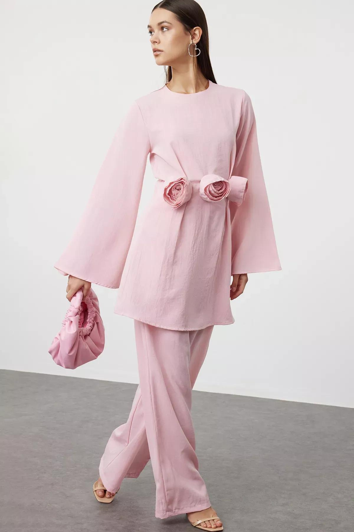 Dusty Rose Set Floral Top & Trousers, , large image number 1