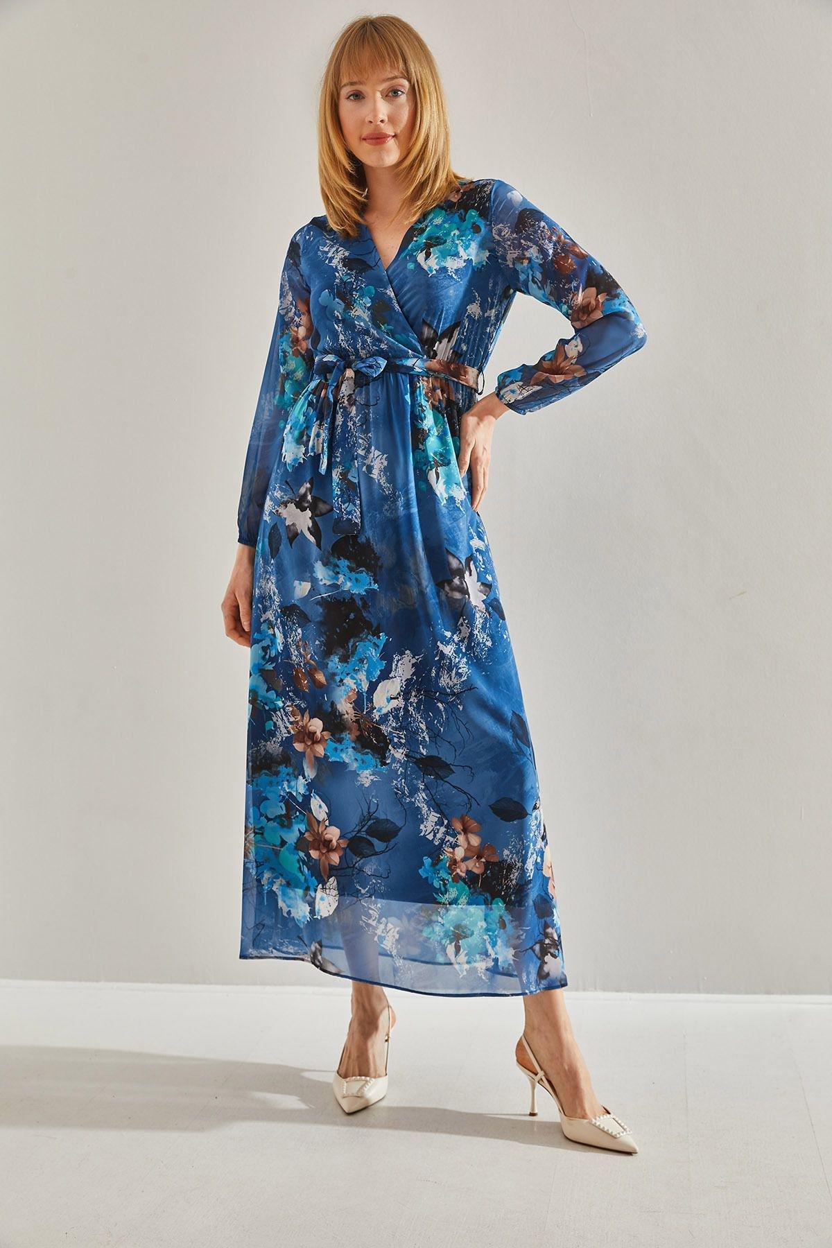 Blue V-Neck Belted Chiffon Dress, C101_5645, large image number 0