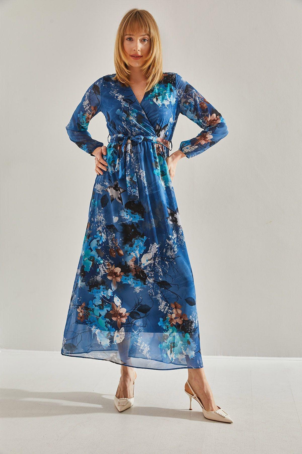 Blue V-Neck Belted Chiffon Dress, C101_5645, large image number 1
