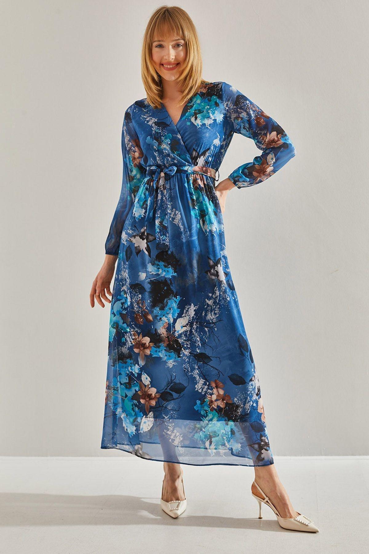 Blue V-Neck Belted Chiffon Dress, C101_5645, large image number 2