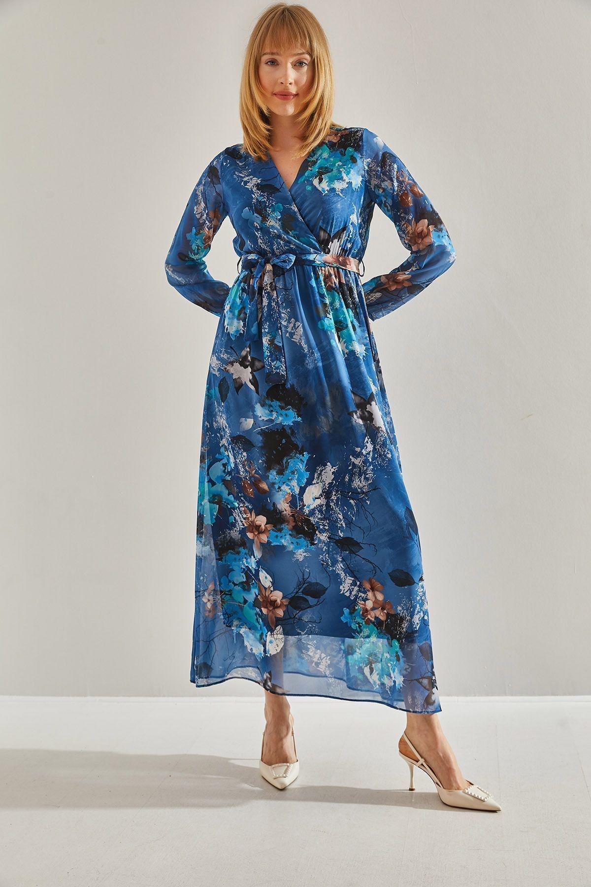 Blue V-Neck Belted Chiffon Dress, C101_5645, large image number 3