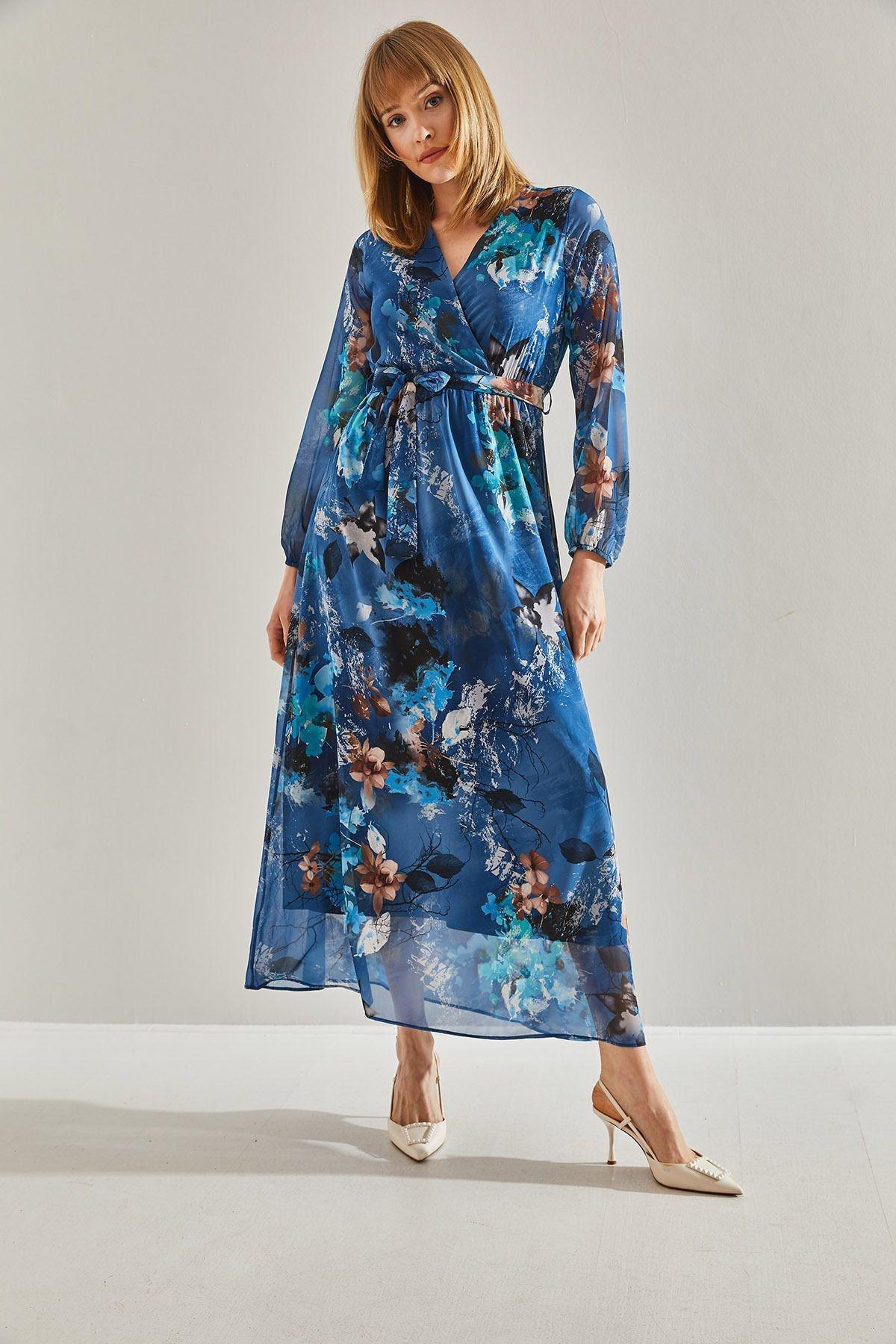 Blue V-Neck Belted Chiffon Dress, C101_5645, large image number 4