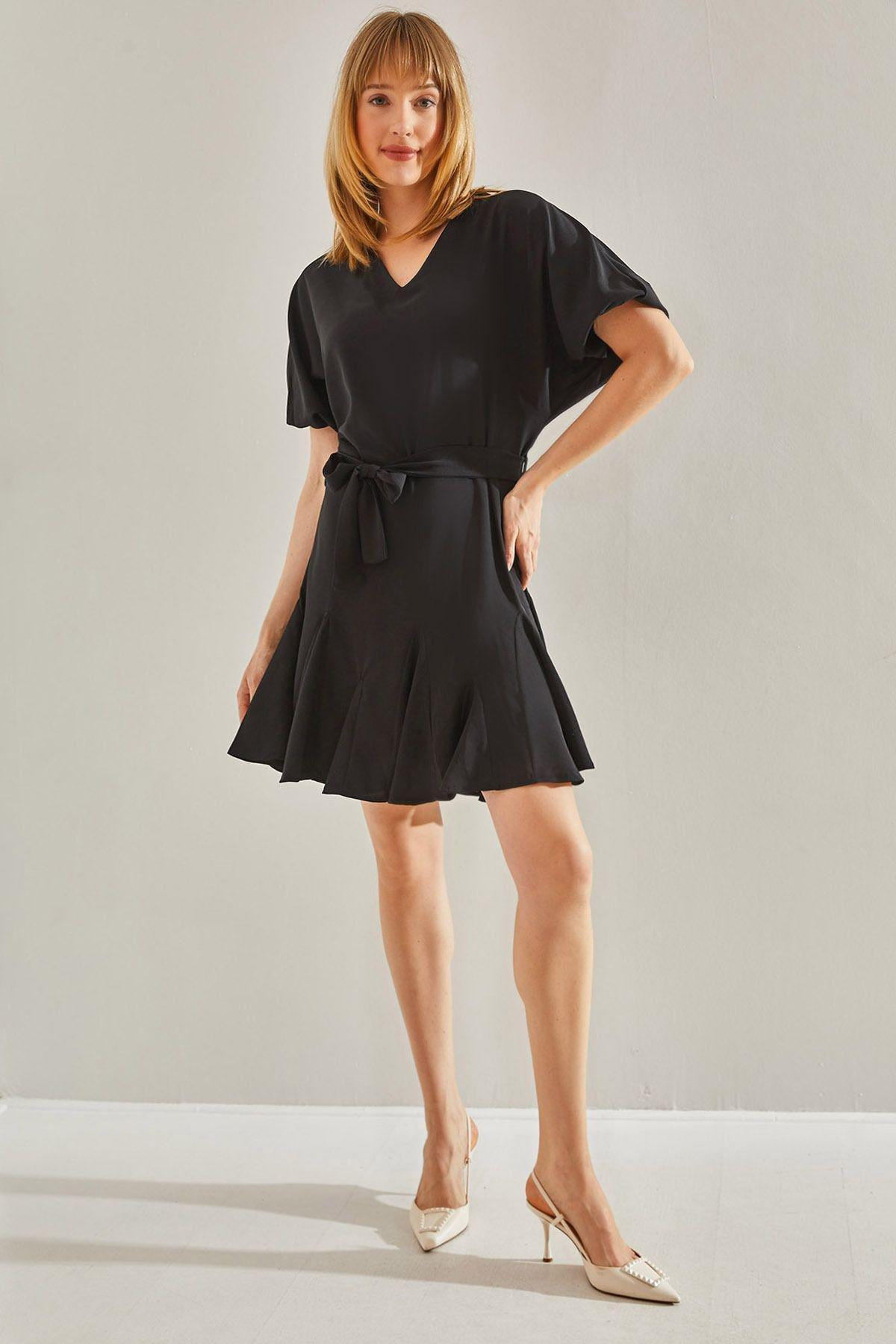 Black Ruffled Detailed V-Neck Belted Dress, , large image number 0