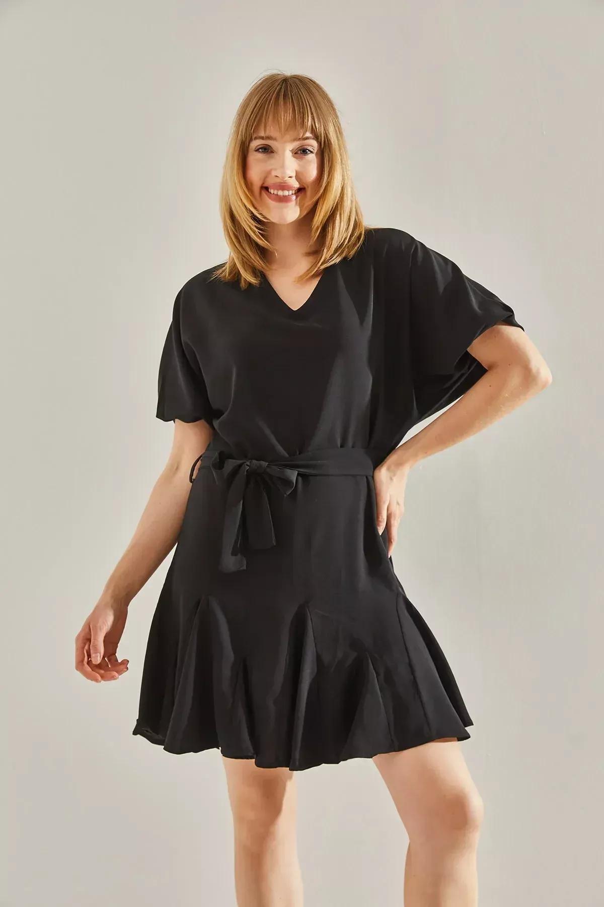 Black Ruffled Detailed V-Neck Belted Dress, , large image number 1