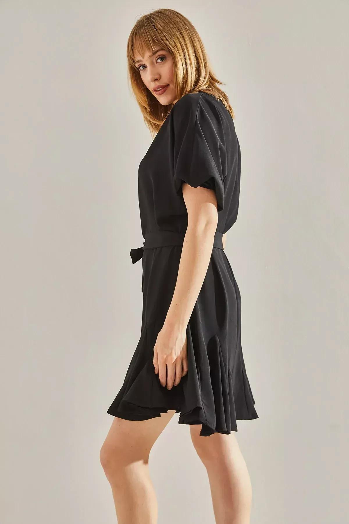 Black Ruffled Detailed V-Neck Belted Dress, , large image number 2